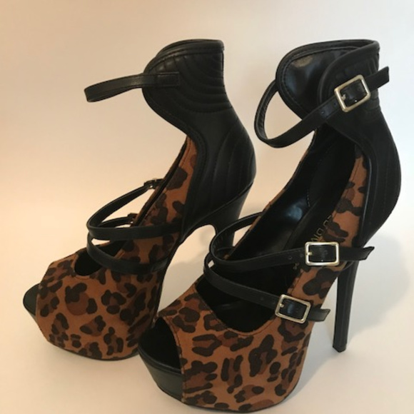 Sexy High Heel Shoes Leopard Print Stilettos Ankle Straps Platform Club Footwear - Picture 4 of 8